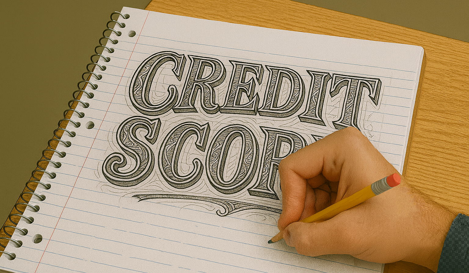 Generated image of a high school student's hand using a pencil to sketch a design of the words Credit Score in a wide-ruled notebook.