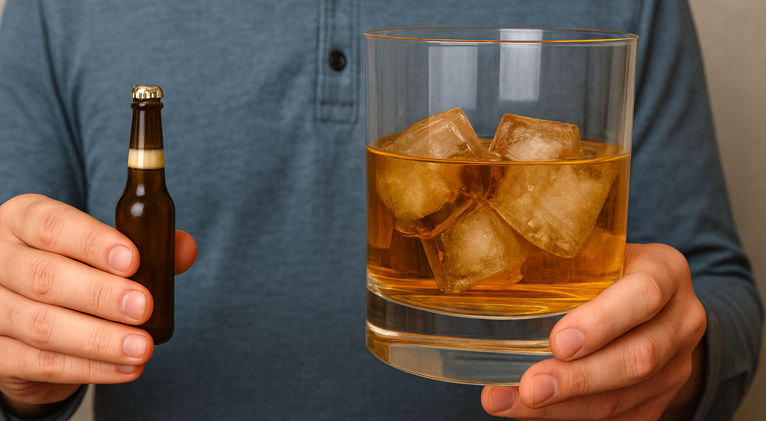 Generated image of an adult male holding an undersized beer bottle in one hand and an oversized whiskey glass in the other.