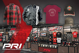 The PRI Gear booth at the PRI Show and examples of available merch.